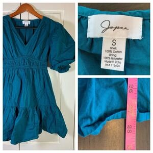 Japna Cottage Puff Sleeve Tiered Mini Dress Small‎ Teal Ruched Stretchy Waist